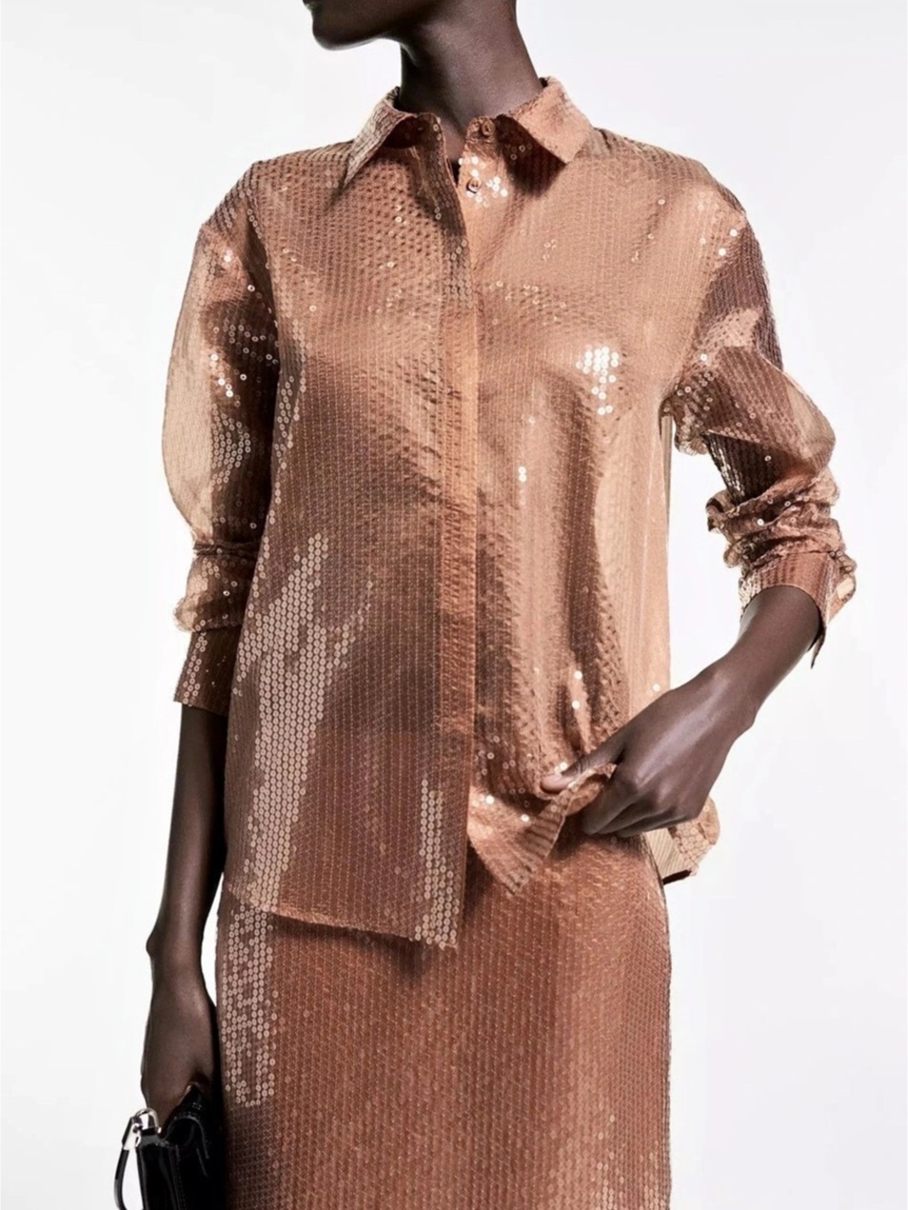 Mango NWT Brown Semi-Sheer Sequin Button Down Shirt S